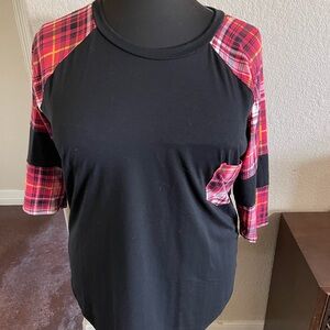 Black Top with Red Plaid Sleeves